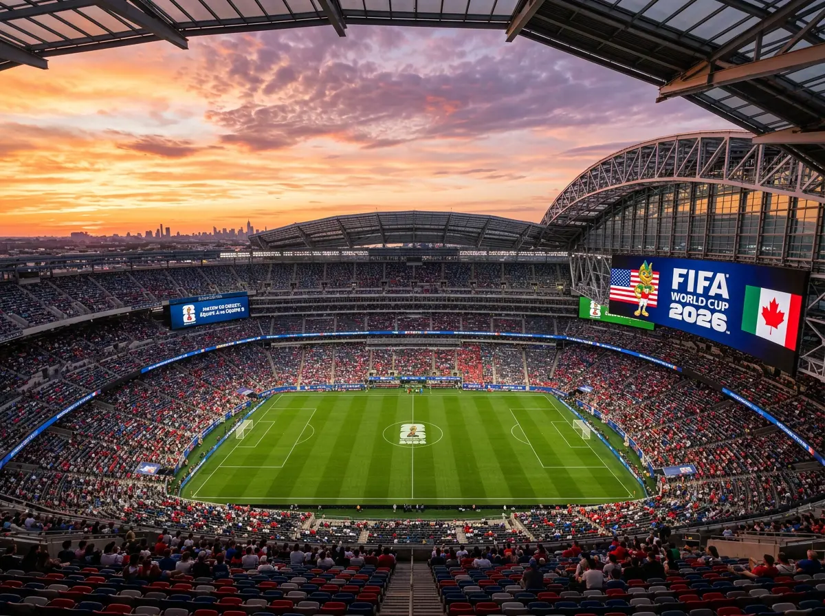 Vue panoramique d'un stade moderne nord-américain préparé pour la Coupe du Monde 2026